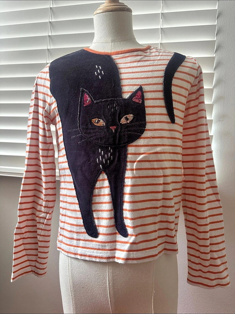 Mini Boden Kids Striped Cat Applique Long Sleeve Top